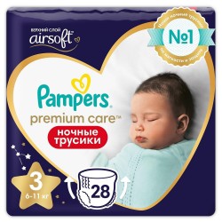 Подгузники-трусики 28 шт. Pampers премиум кеа миди ночные 6-11 кг р. 3